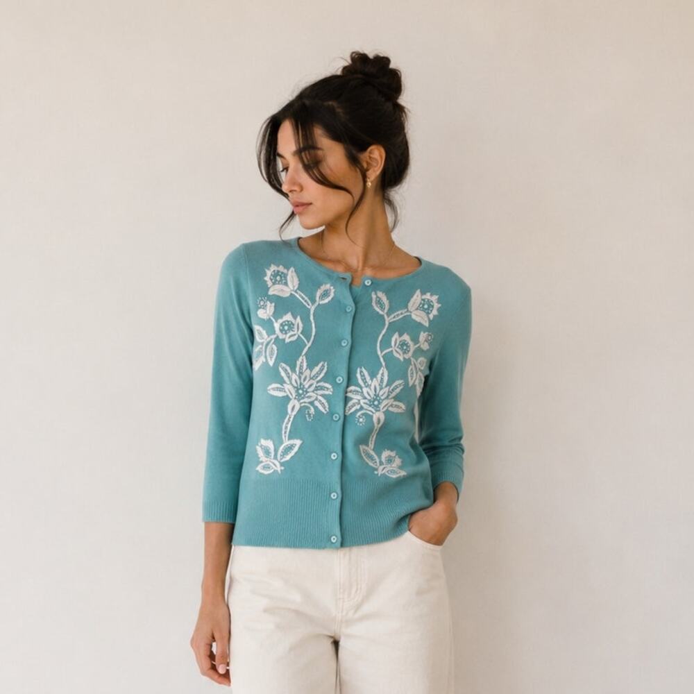 Loft Embroidered Aqua Cardigan Sweater Cottagecore Ballet Soft Girl-size Small